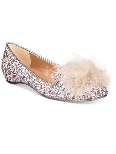 KENNETH COLE Womens Silver Feather Pom Pom Glitter Cushioned Gen-ie Bottle Round Toe Slip On Flats Shoes 7.5 M