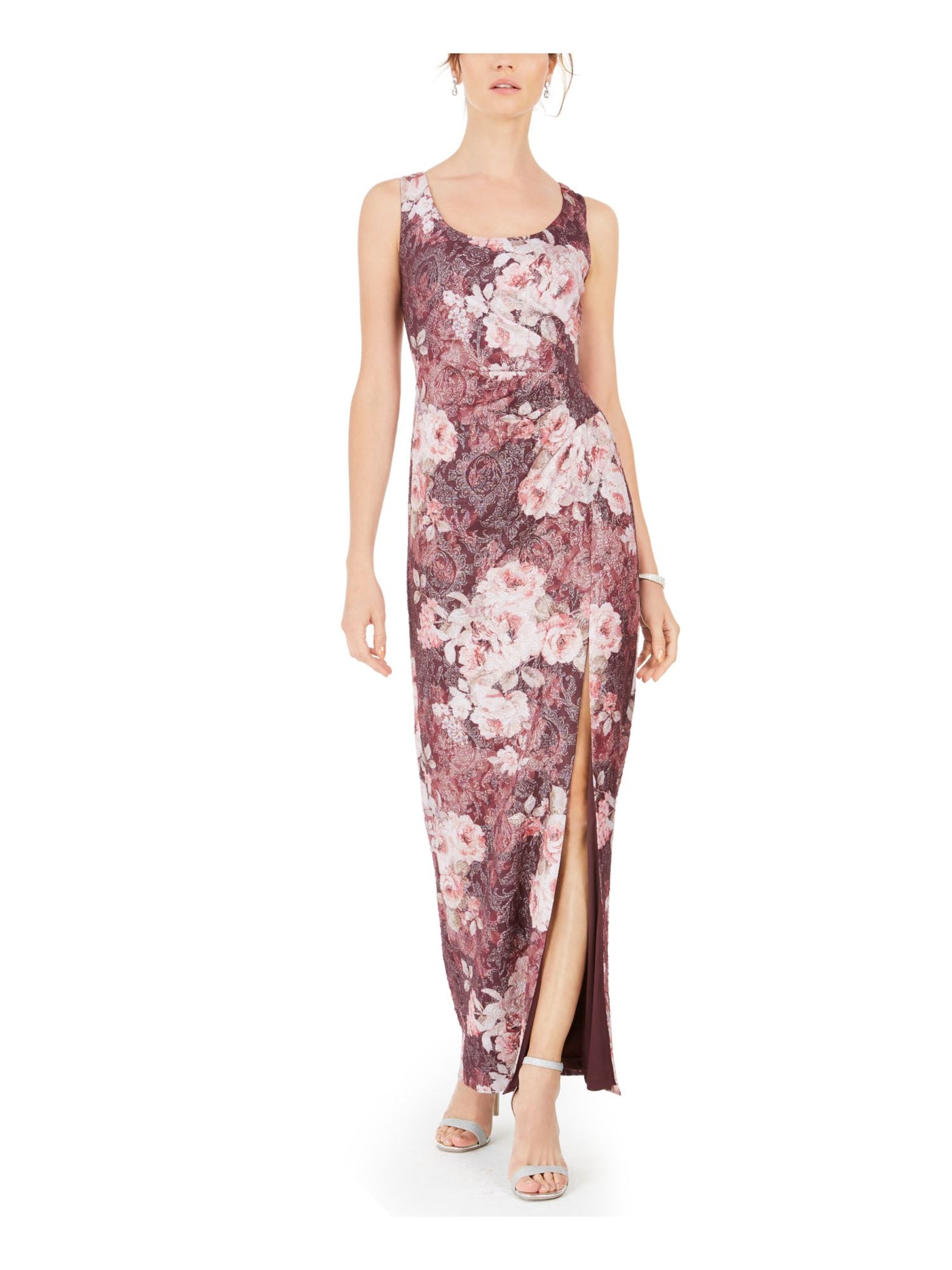 ADRIANNA PAPELL Womens Burgundy Slitted Ruched Floral Sleeveless Scoop Neck Maxi Evening Dress 4