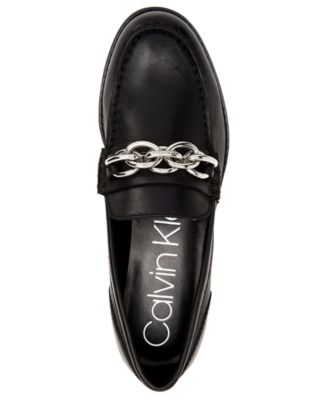 CALVIN KLEIN Womens Black Chain Detail Cushioned Sirah Round Toe Block Heel Slip On Leather Loafers Shoes M