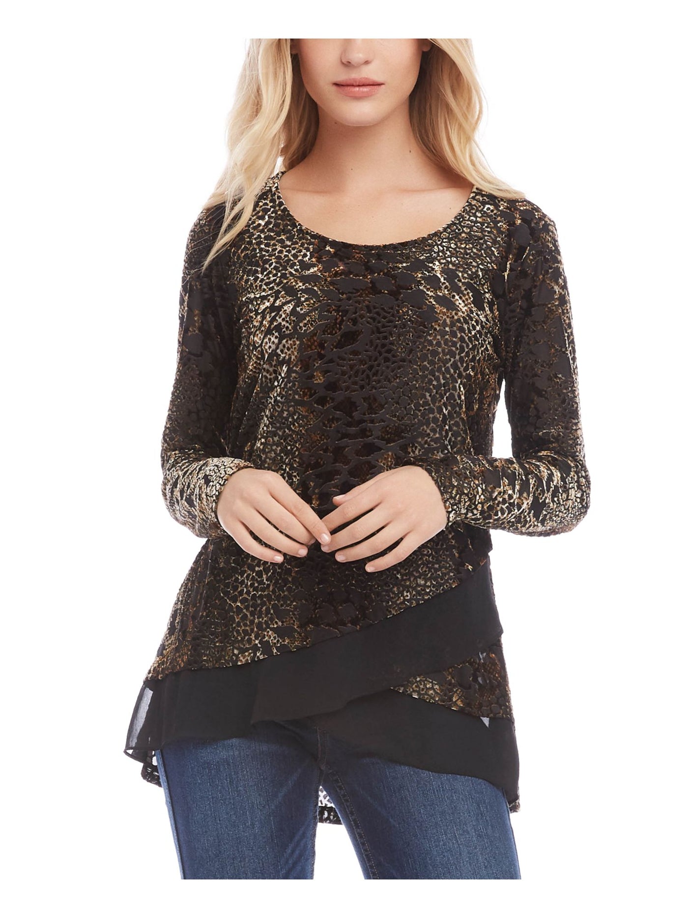 KAREN KANE Womens Black Animal Print Long Sleeve Scoop Neck Top XS