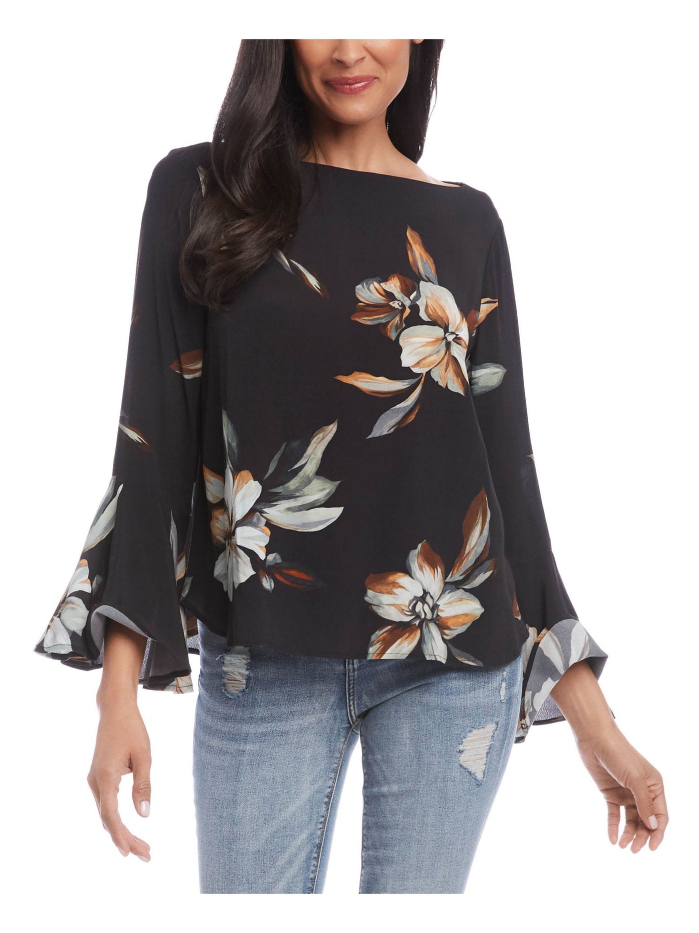 KAREN KANE Womens Black Floral Bell Sleeve Boat Neck Top M