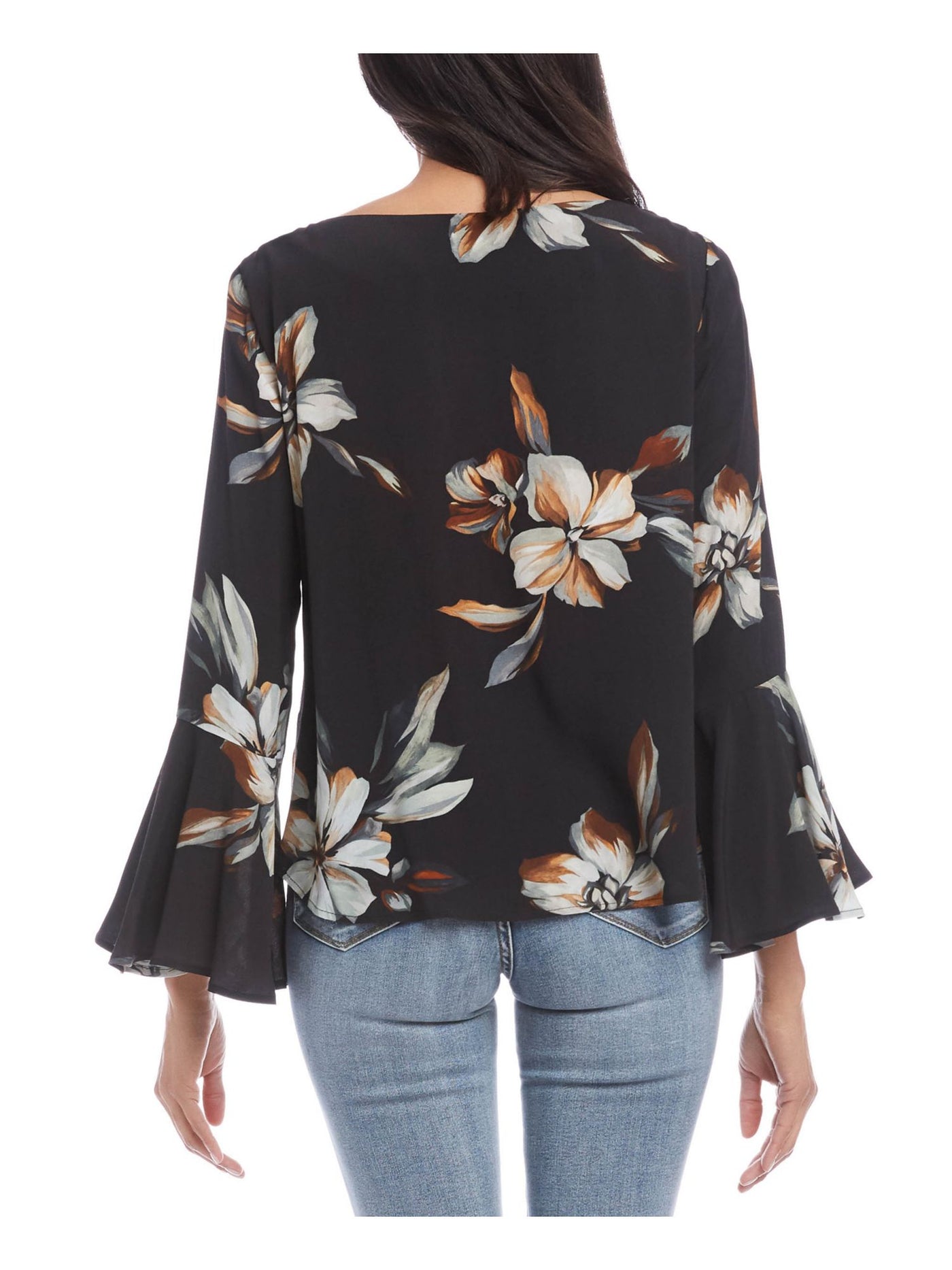 KAREN KANE Womens Black Floral Bell Sleeve Boat Neck Top M