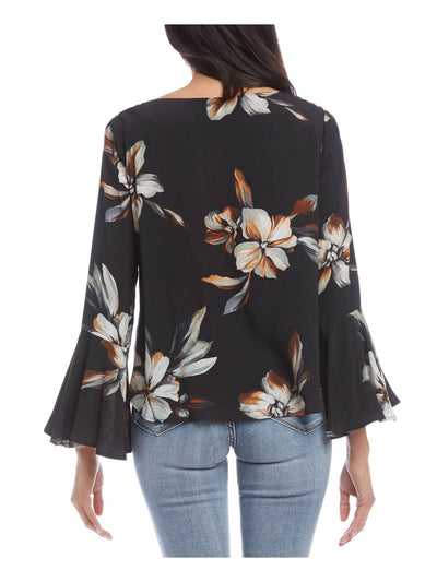 KAREN KANE Womens Black Floral Bell Sleeve Boat Neck Top XS