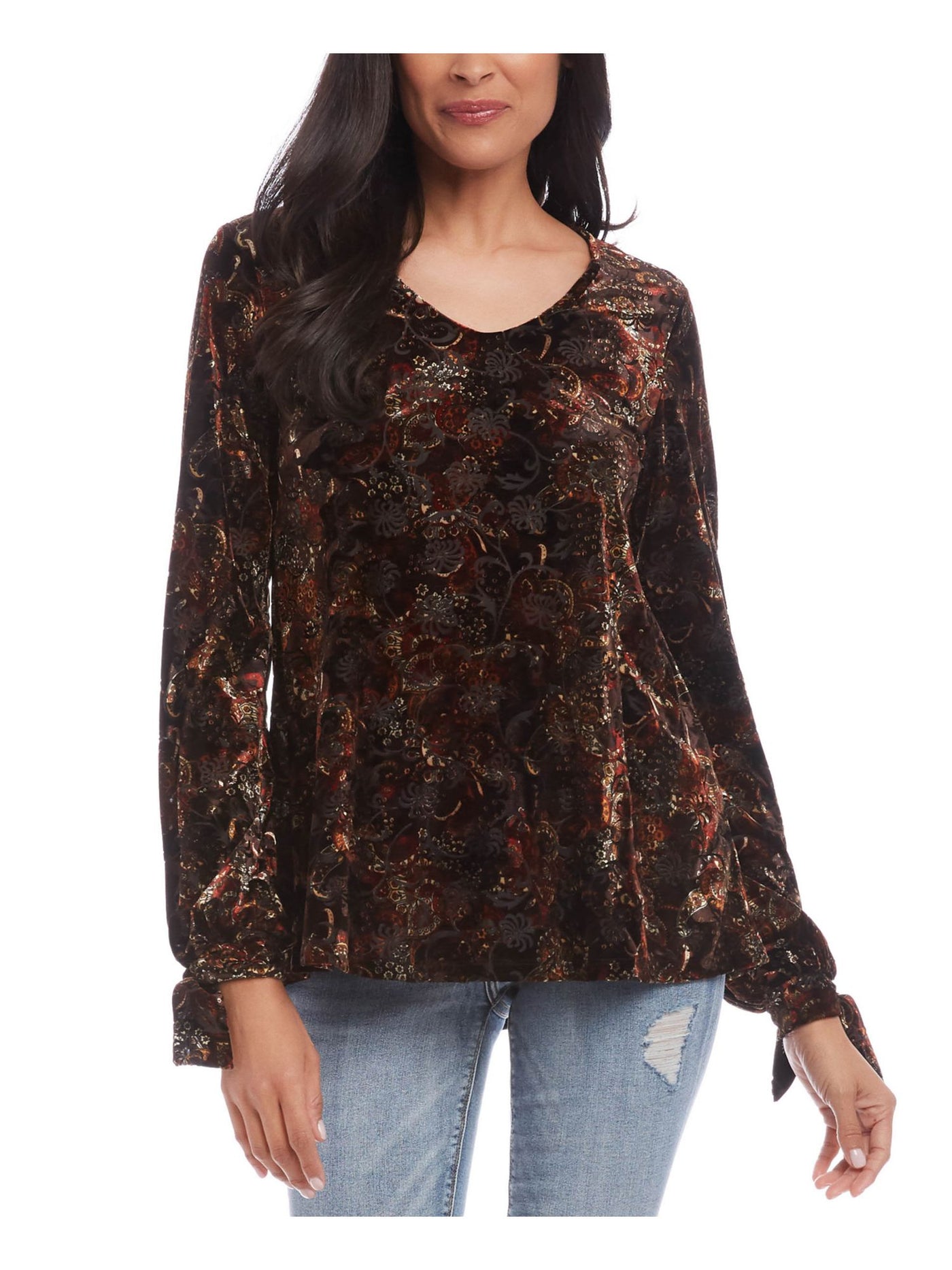 KAREN KANE Womens Stretch Long Sleeve Pullover Tie Cuffs V Neck Top