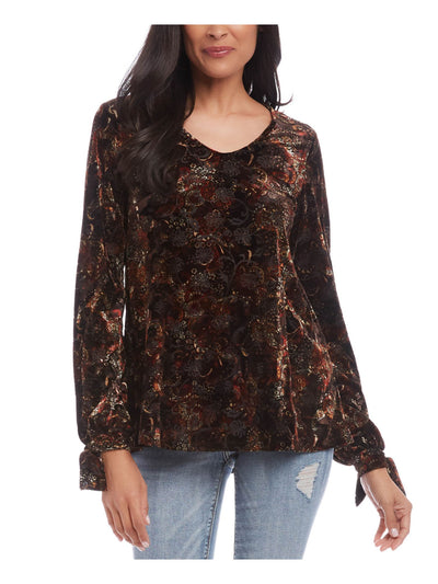 KAREN KANE Womens Stretch Long Sleeve Pullover Tie Cuffs V Neck Top