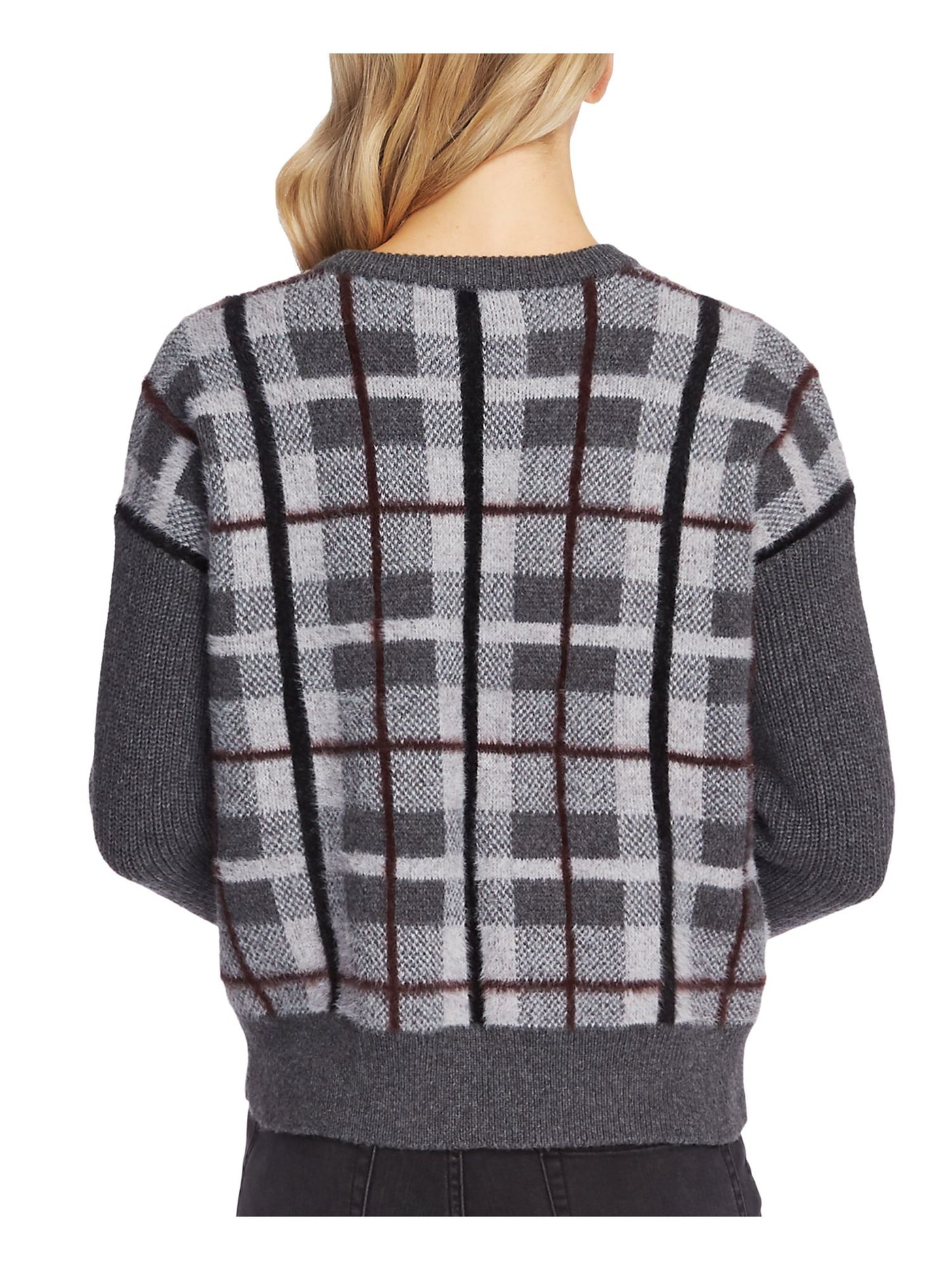 VINCE CAMUTO Womens Gray Ribbed Plaid Long Sleeve Crew Neck Sweater XS