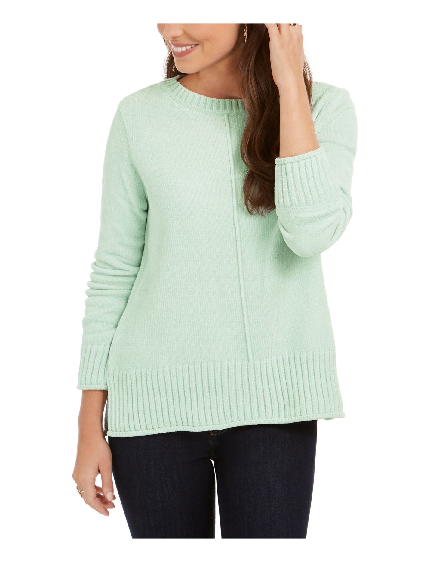 STYLE & COMPANY Womens Green Textured Ribbed 3/4 Sleeve Crew Neck Sweater Petites PM
