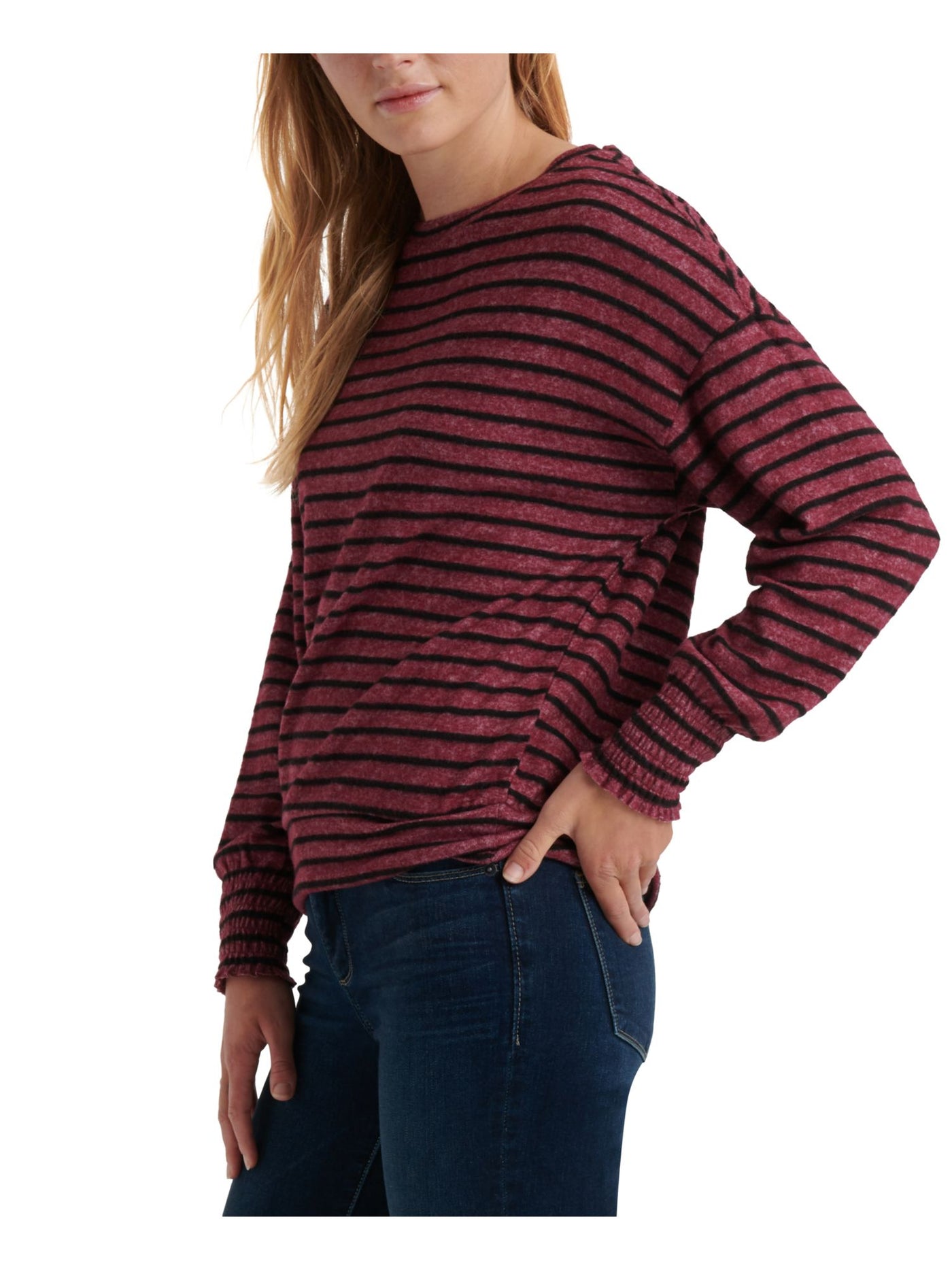 LUCKY BRAND Womens Burgundy Striped Long Sleeve Crew Neck Sweater M