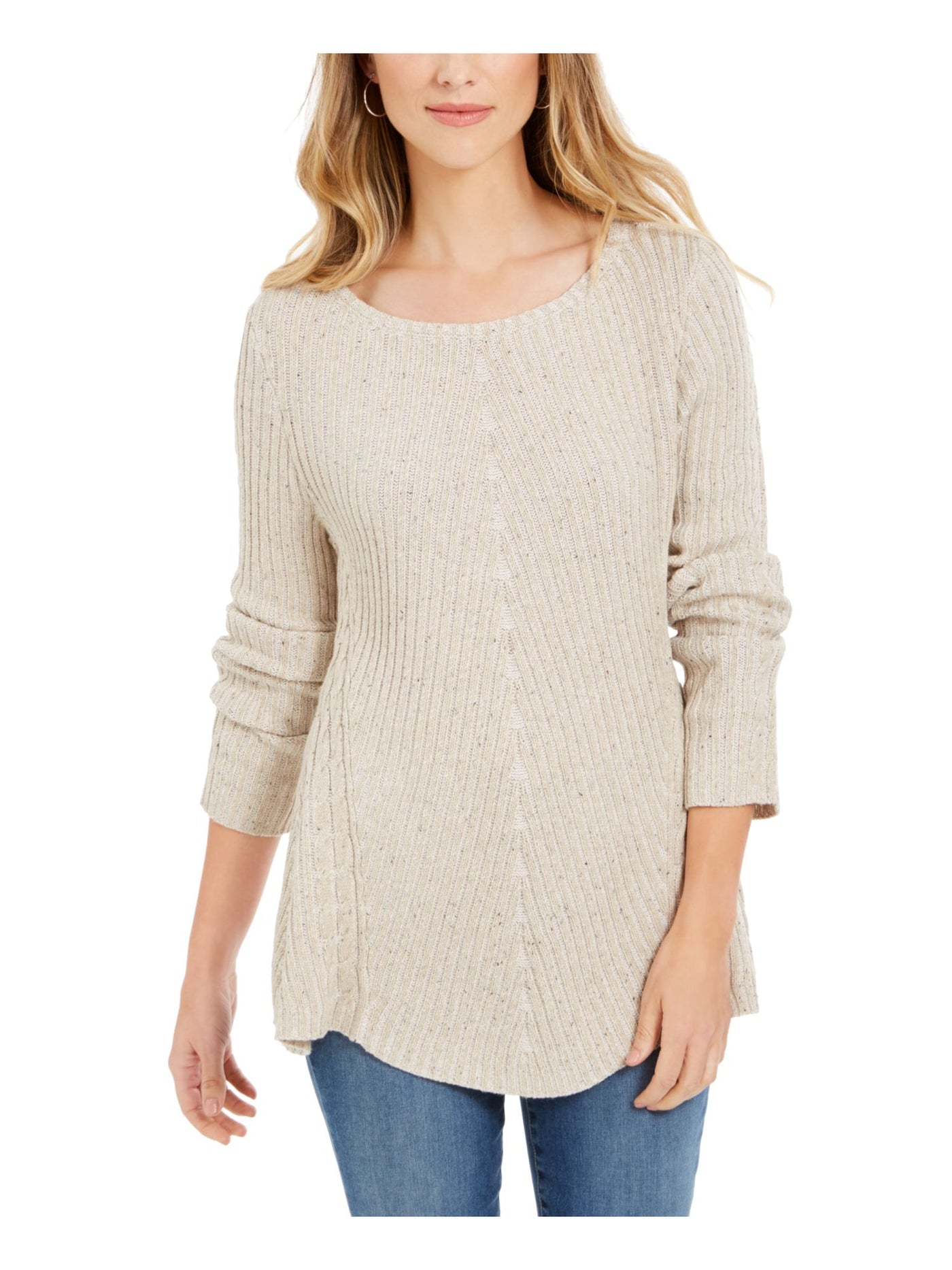 STYLE & COMPANY Womens Beige Textured  Knitted Printed Long Sleeve Jewel Neck T-Shirt L