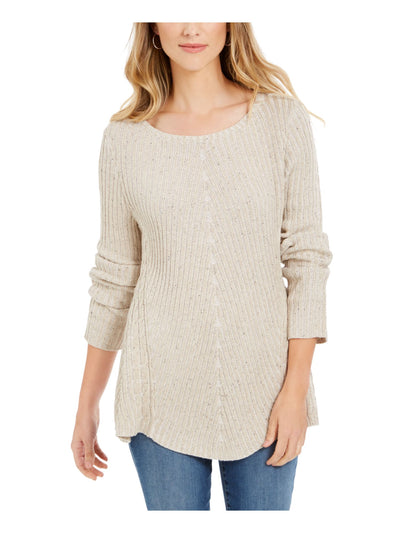 STYLE & COMPANY Womens Beige Textured  Knitted Printed Long Sleeve Jewel Neck T-Shirt L