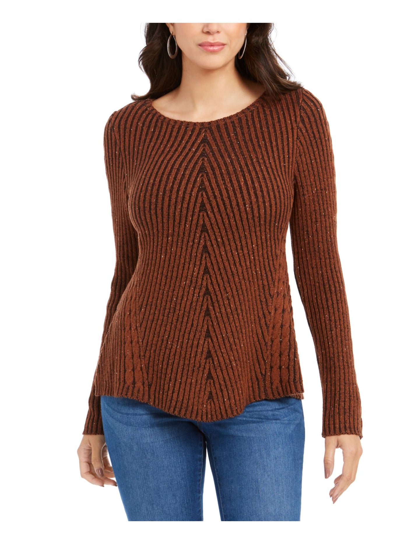 STYLE & COMPANY Womens Brown Textured Ribbed Speckle Long Sleeve Jewel Neck Sweater Petites PM