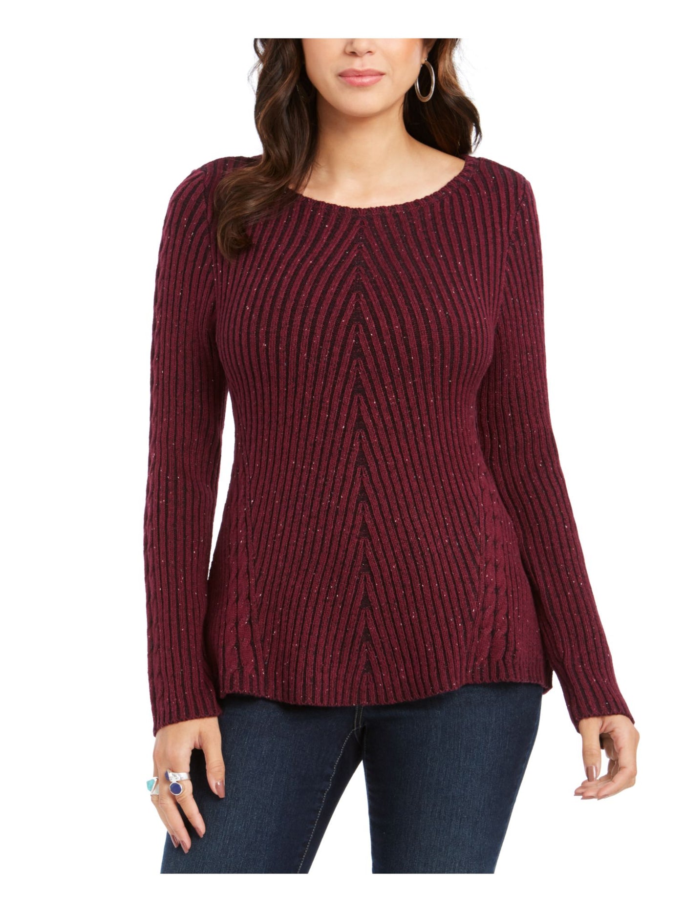 STYLE & COMPANY Womens Burgundy Textured  Knitted Printed Long Sleeve Jewel Neck T-Shirt L