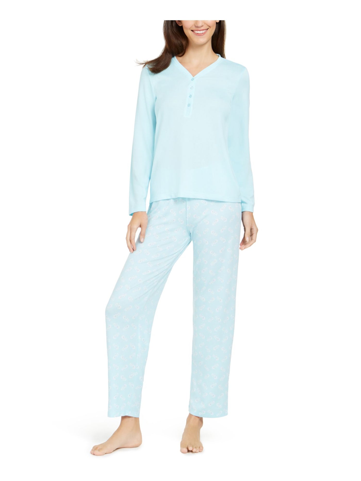 CHARTER CLUB INTIMATES Womens Light Blue Long Sleeve T-Shirt Top Straight leg Pants Pajamas XS