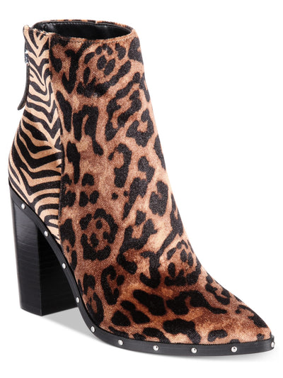 ALDO Womens Brown Animal Print Tiger Leopard Multi-Media Cushioned Studded Ibalenna Pointed Toe Block Heel Zip-Up Booties 9