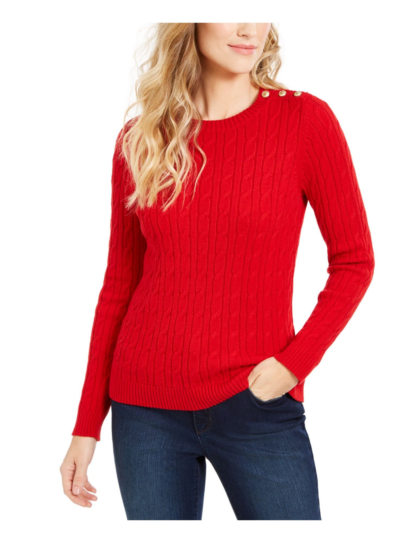 CHARTER CLUB Womens Red Textured Embellished Patterned Long Sleeve Jewel Neck Sweater S