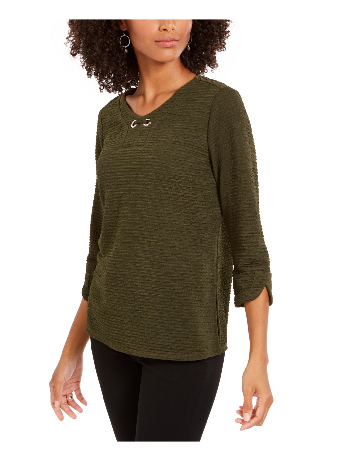NY COLLECTION Womens Green Printed 3/4 Sleeve Jewel Neck Top Petites PXS