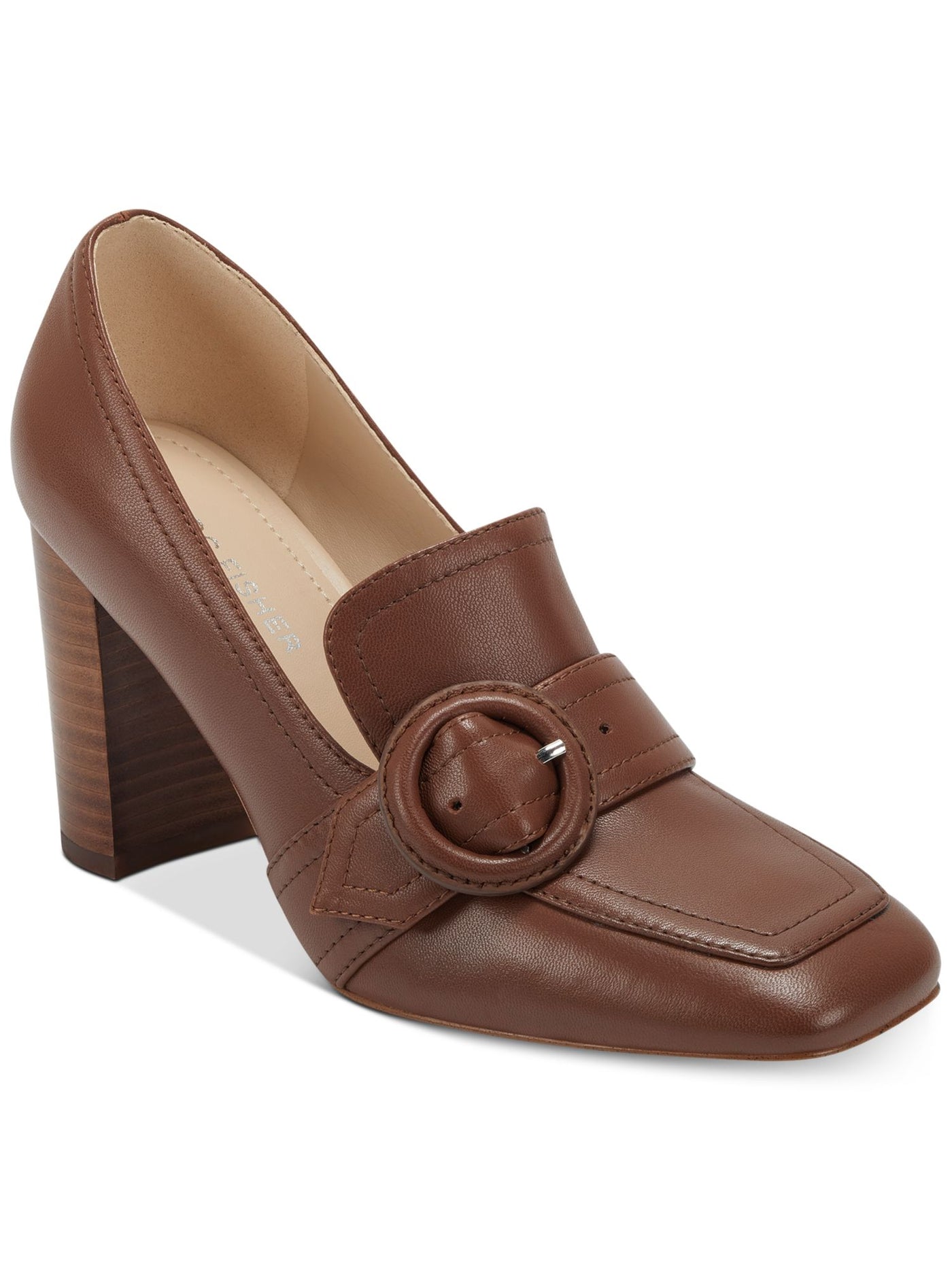 MARC FISHER Womens Brown Snip-Toe Tailored Cushioned Buckle Accent Garlan Square Toe Block Heel Slip On Leather Pumps Shoes 10 M