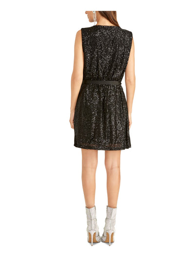 RACHEL ROY Womens Black Sequined Sleeveless Keyhole Short Party Sheath Dress M