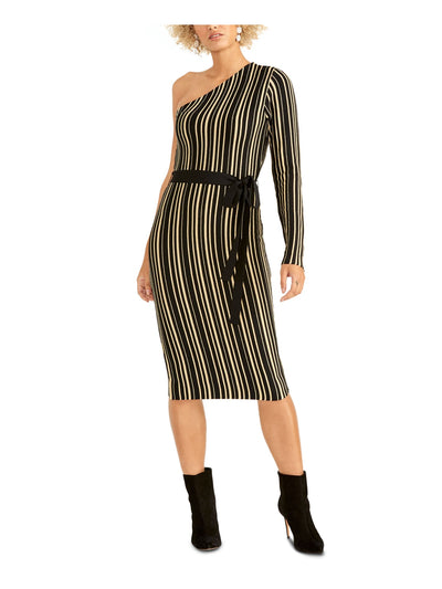 RACHEL ROY Womens Black Belted Striped Long Sleeve Asymmetrical Neckline Knee Length Sheath Dress M