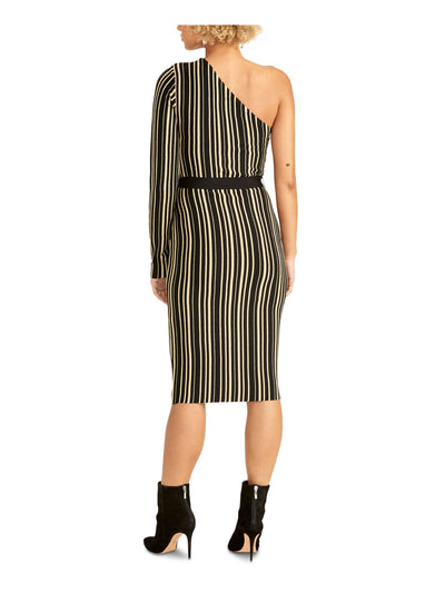 RACHEL ROY Womens Black Belted Striped Long Sleeve Asymmetrical Neckline Knee Length Sheath Dress S