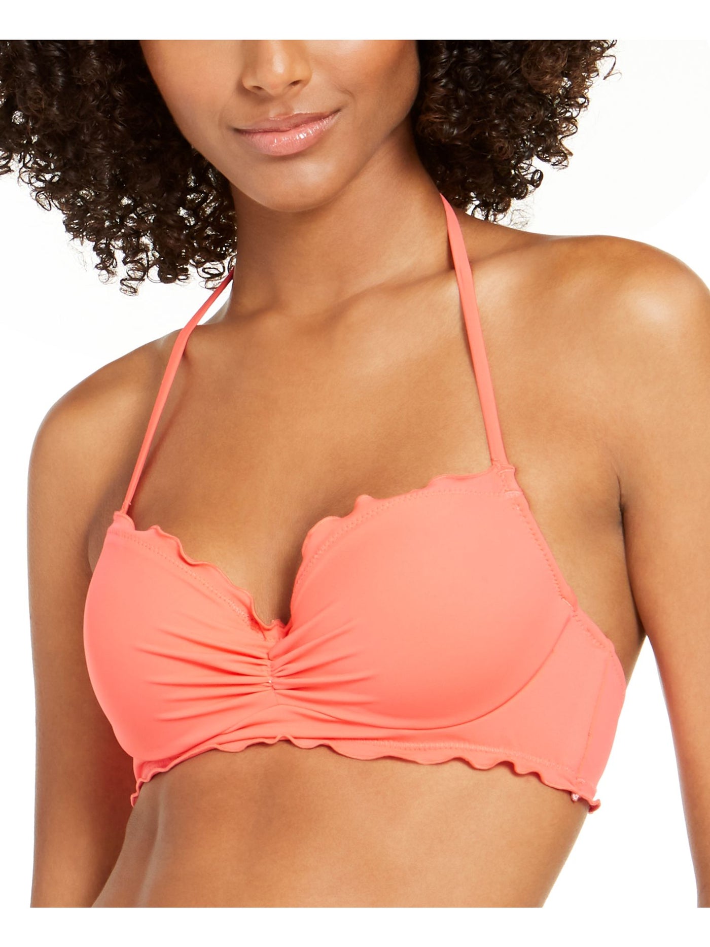 SUNDAZED Women's Coral Stretch Ruffled Tie Lined Molded Cup Sweetheart Nixie Halter Swimsuit Top 32 C