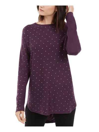 INC Womens Purple Embellished Long Sleeve Jewel Neck Hi-Lo Sweater XS