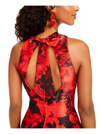 CITY STUDIO Womens Red Cut Out Ruffled Printed Sleeveless V Neck Short Party Fit + Flare Dress 1