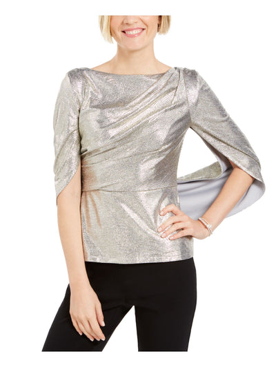 ADRIANNA PAPELL Womens Silver Textured Short Sleeve Jewel Neck Evening Top Petites 8P