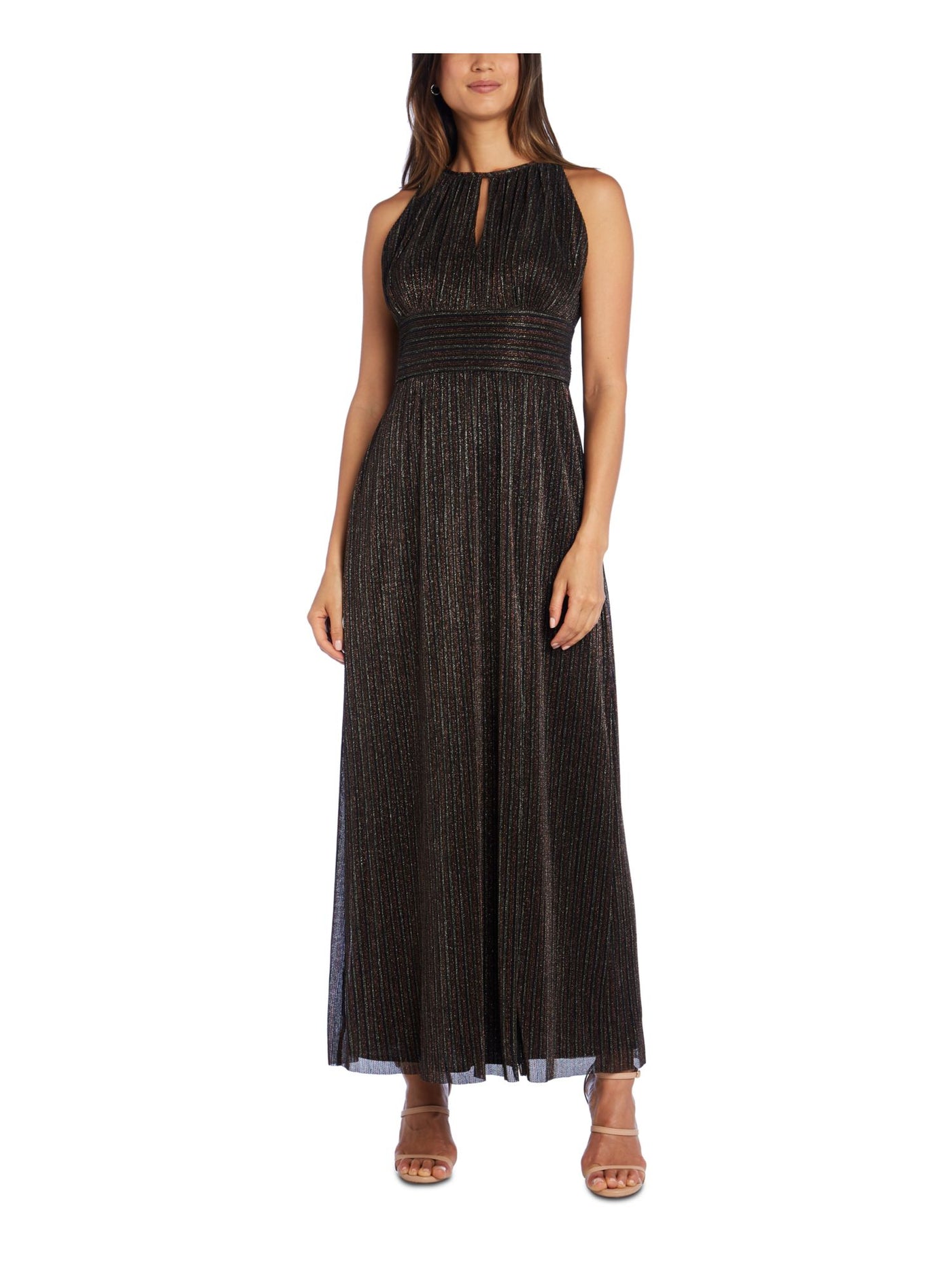 R&M RICHARDS Womens Black Glitter Pleated Gown Color Block Sleeveless Keyhole Maxi Evening Empire Waist Dress 8