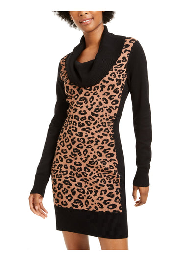 BCX Womens Black Animal Print Long Sleeve Cowl Neck Short Shift Dress XS