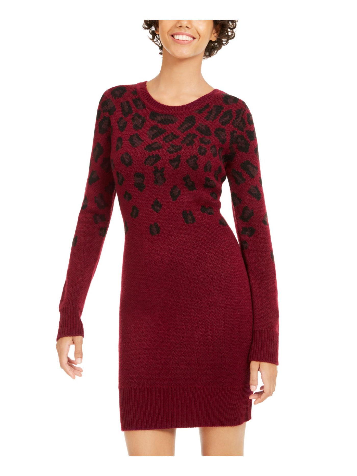 BCX DRESS Womens Burgundy Printed Long Sleeve Jewel Neck Short Sheath Dress L