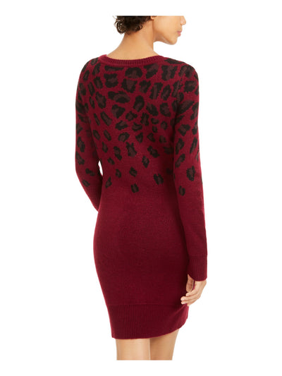 BCX DRESS Womens Burgundy Printed Long Sleeve Jewel Neck Short Sheath Dress L