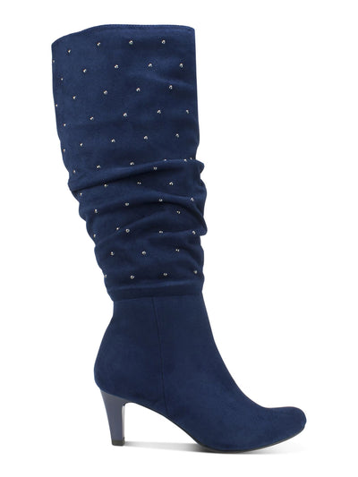 RIALTO Womens Blue Elastic Goring Ruched Studded Canoe Almond Toe Kitten Heel Zip-Up Boots Shoes 8.5 M