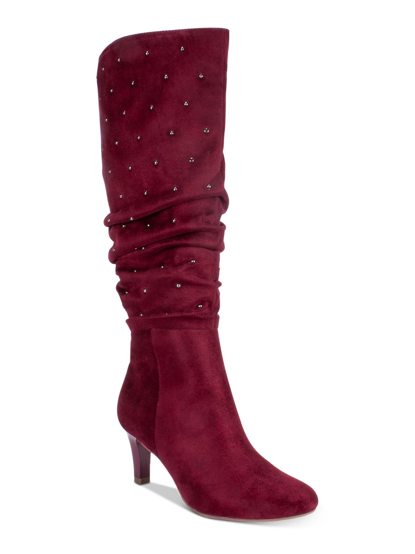 RIALTO Womens Burgundy Architectural Heel Elastic Goring Ruched Studded Canoe Almond Toe Zip-Up Boots Shoes 8 M