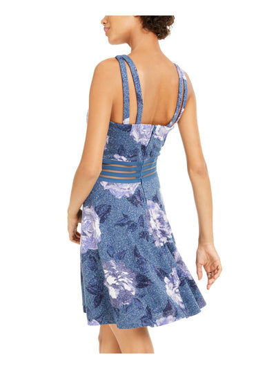 CITY STUDIO Womens Blue Glitter Sheer Sheer Printed Sleeveless Halter Mini Party Fit + Flare Dress Juniors 9