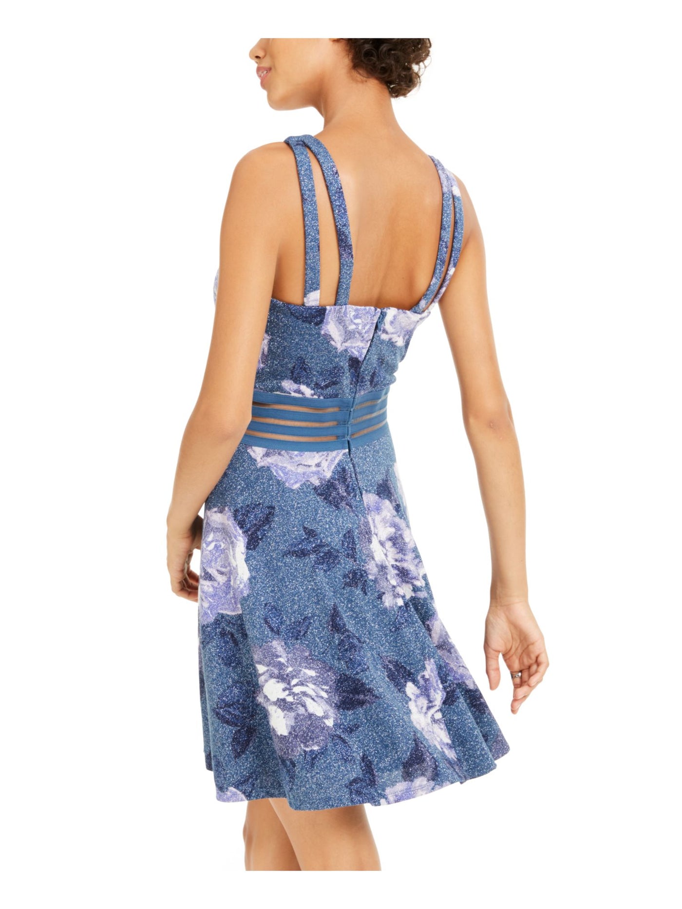 CITY STUDIO Womens Blue Glitter Sheer Printed Sleeveless Halter Mini Party Fit + Flare Dress Juniors 11