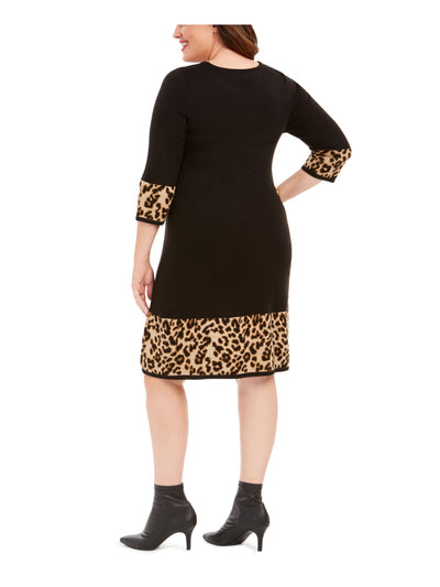 JESSICA HOWARD Womens Black Animal Print 3/4 Sleeve Jewel Neck Knee Length Sheath Dress Plus 1X