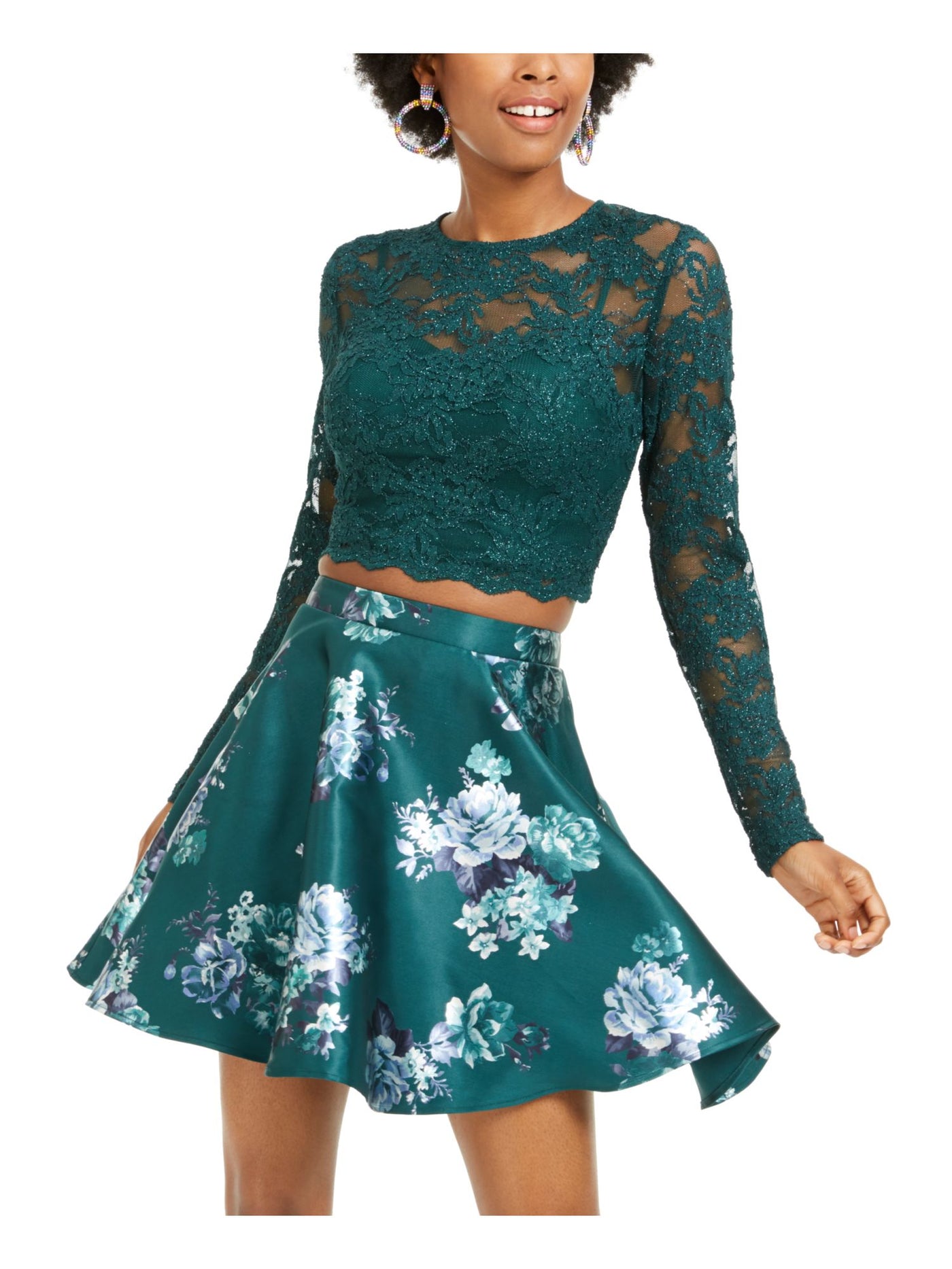 CITY STUDIO Womens Green Glitter Floral Long Sleeve Crew Neck Above The Knee Party Fit + Flare Dress 9