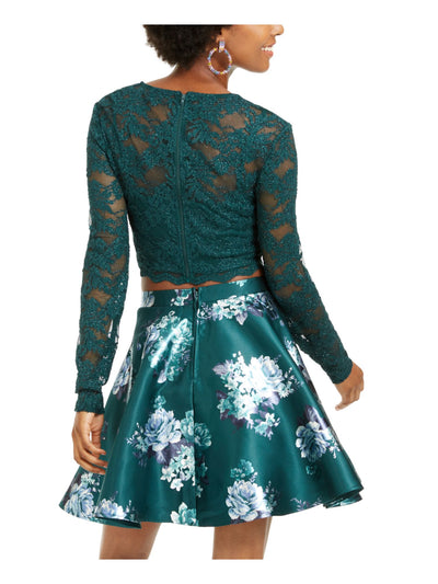 CITY STUDIO Womens Green Glitter Floral Long Sleeve Crew Neck Above The Knee Party Fit + Flare Dress Juniors 1