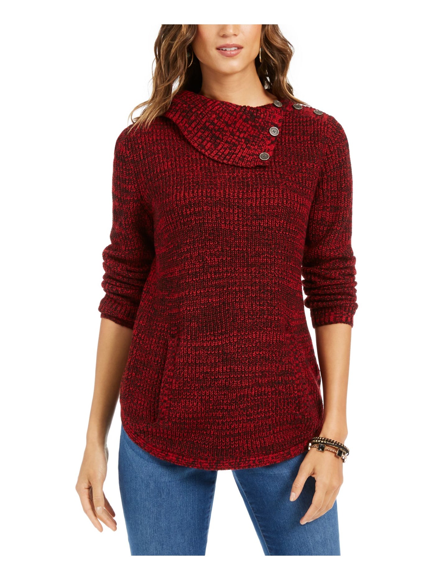 STYLE & COMPANY Womens Burgundy Ribbed Button Long Sleeve Turtle Neck Sweater Petites PL