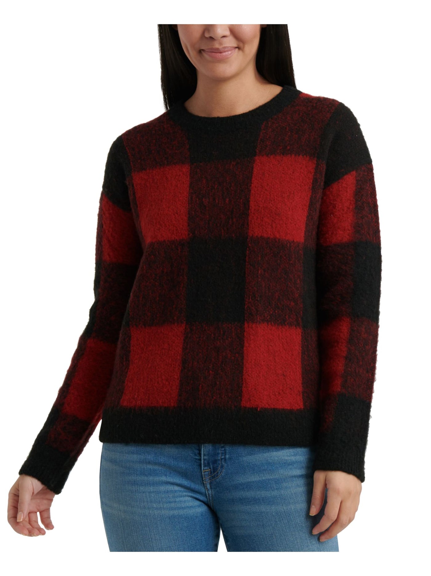 LUCKY BRAND Womens Red Plaid Long Sleeve Jewel Neck Top L