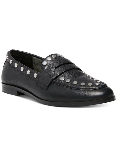 STEVEN Womens Black Penny Loafer Studded Cushioned Ample Round Toe Block Heel Slip On Leather Loafers Shoes 5.5 M