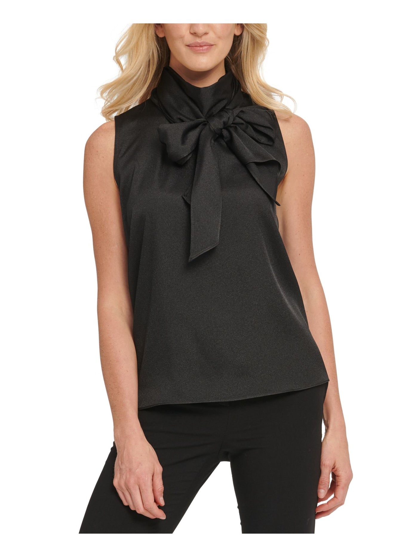 DKNY Womens Black Sleeveless Tie Neck Top L