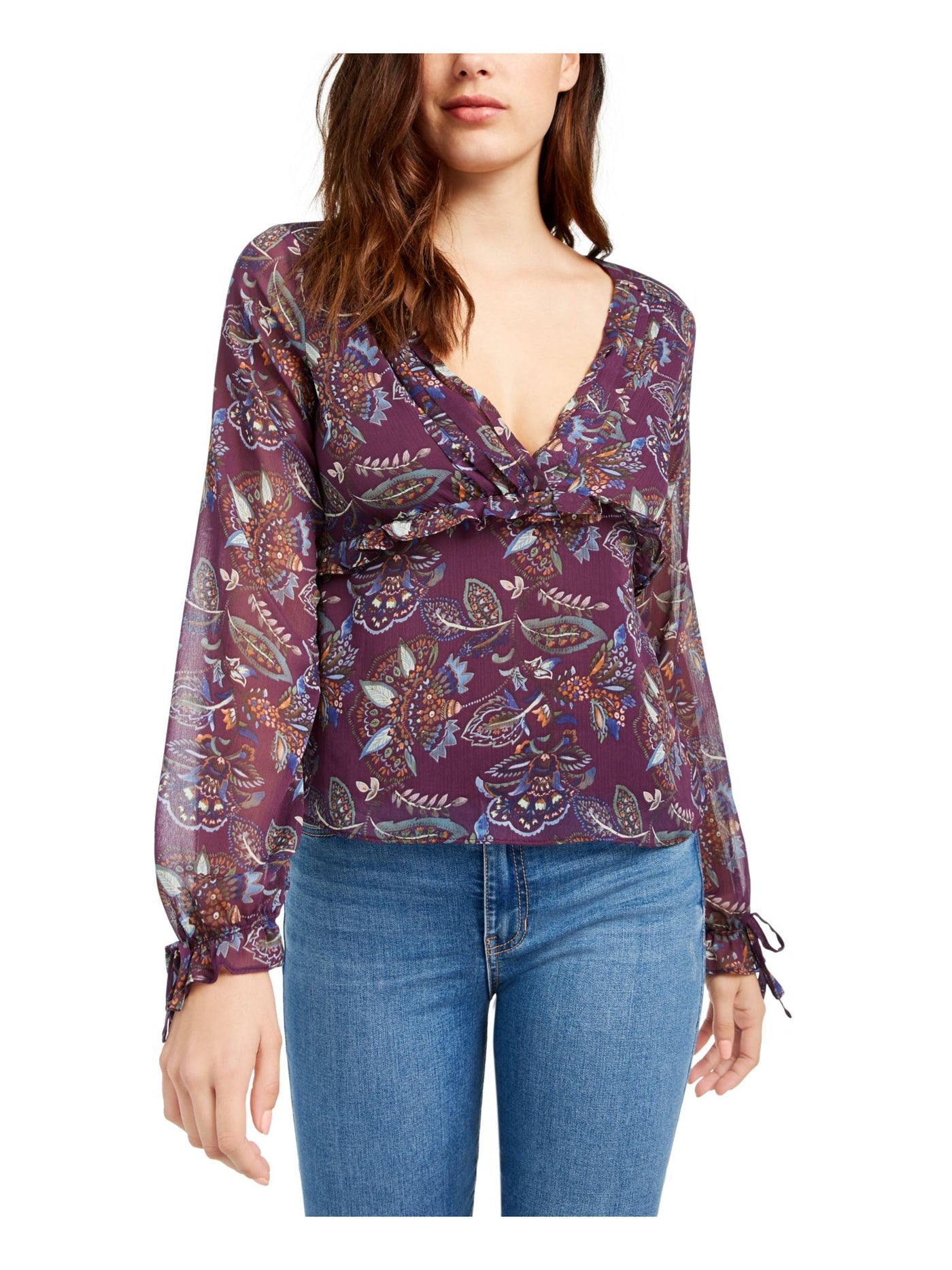 Q+A Los Angeles Womens Purple Floral Long Sleeve V Neck Blouse XS