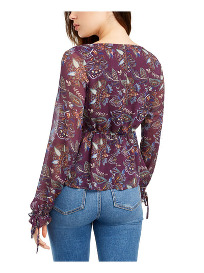 Q+A Los Angeles Womens Purple Floral Long Sleeve V Neck Blouse S