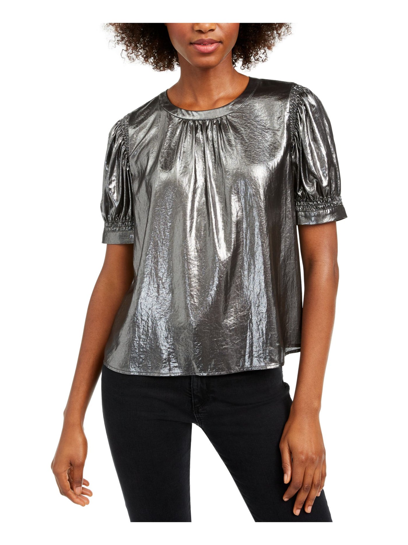 CURRENT AIR Womens Silver Short Sleeve Crew Neck Evening Top M