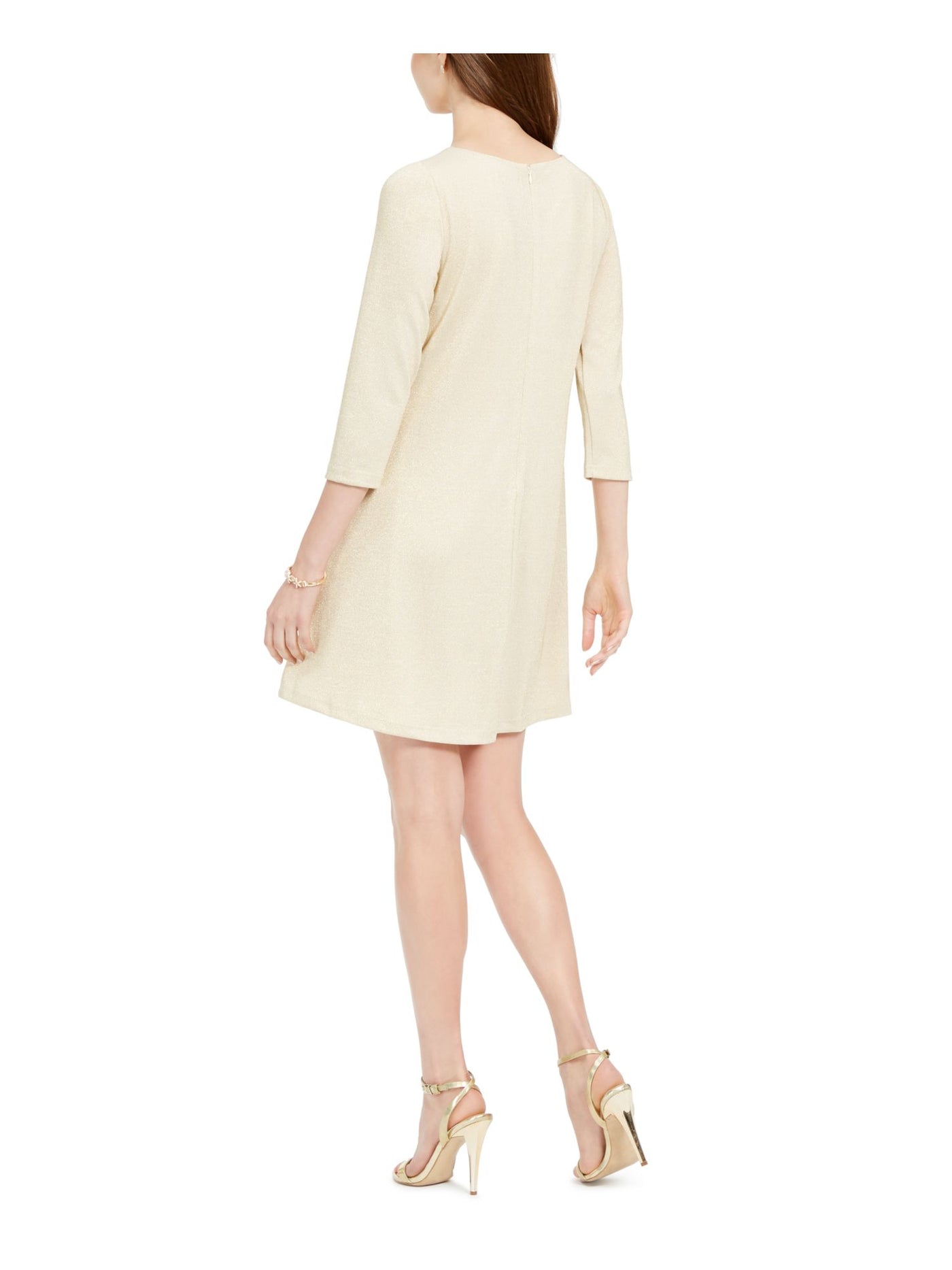 PAPPAGALLO Womens Gold Embellished 3/4 Sleeve Jewel Neck Mini Party Trapeze Dress L