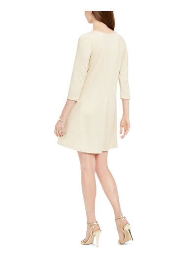 PAPPAGALLO Womens Gold Embellished 3/4 Sleeve Jewel Neck Mini Party Trapeze Dress L
