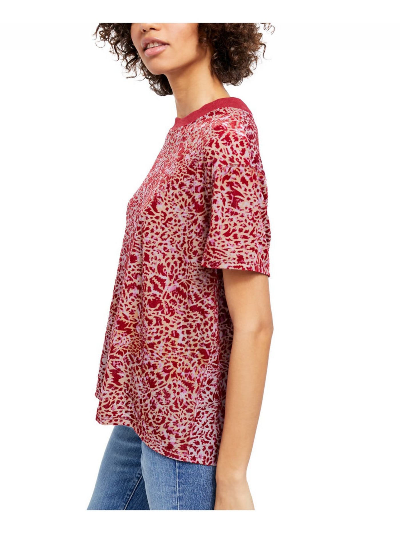 FREE PEOPLE Womens Red Printed Short Sleeve Crew Neck T-Shirt XS