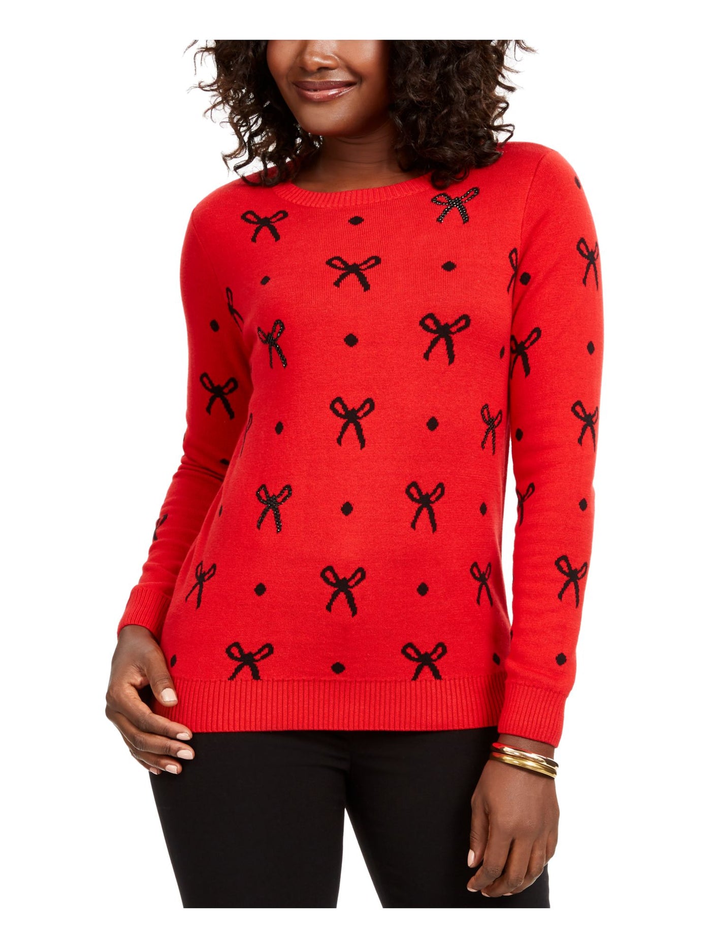 CHARTER CLUB Womens Red Embellished Ribbed Long Sleeve Crew Neck Sweater Petites PS